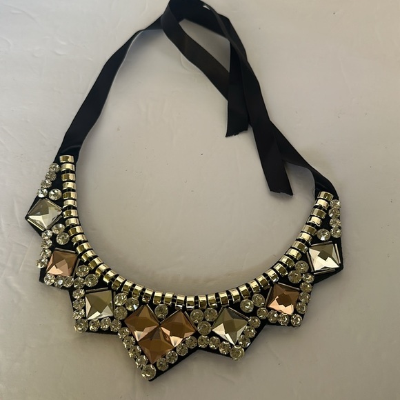 Tasha ribbon bib - Gem Statement Rhinestone Bib Necklace - Black Ribbon Tie, Gold Accents - New